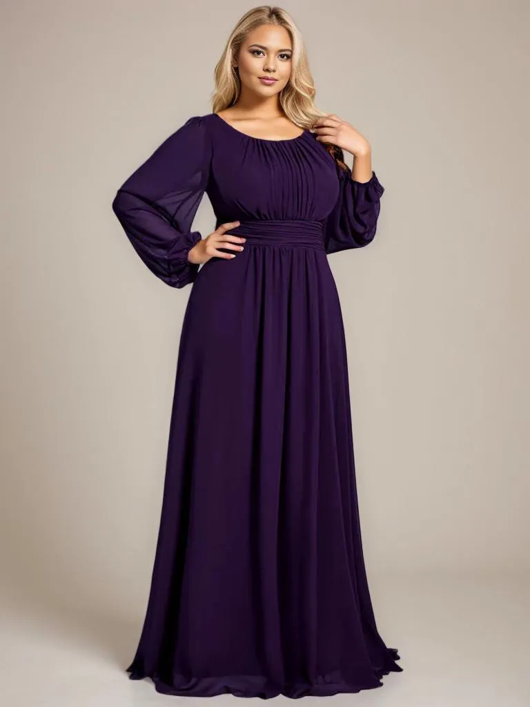 Rachel Plus Size boat neck full sleeve evening or bridesmaid gown