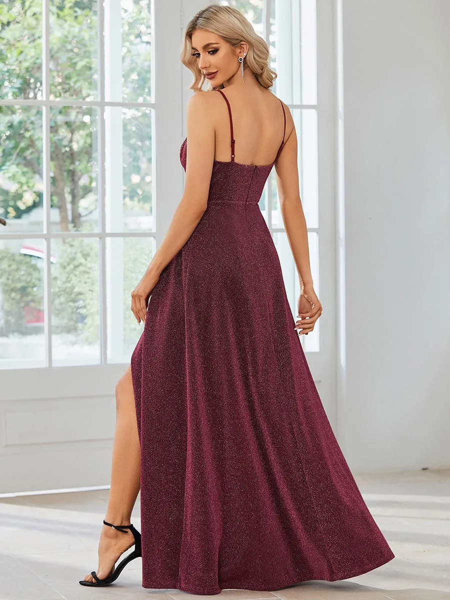Raewyn thin strap sparkling ball gown with split in Burgundy s12 Express NZ wide