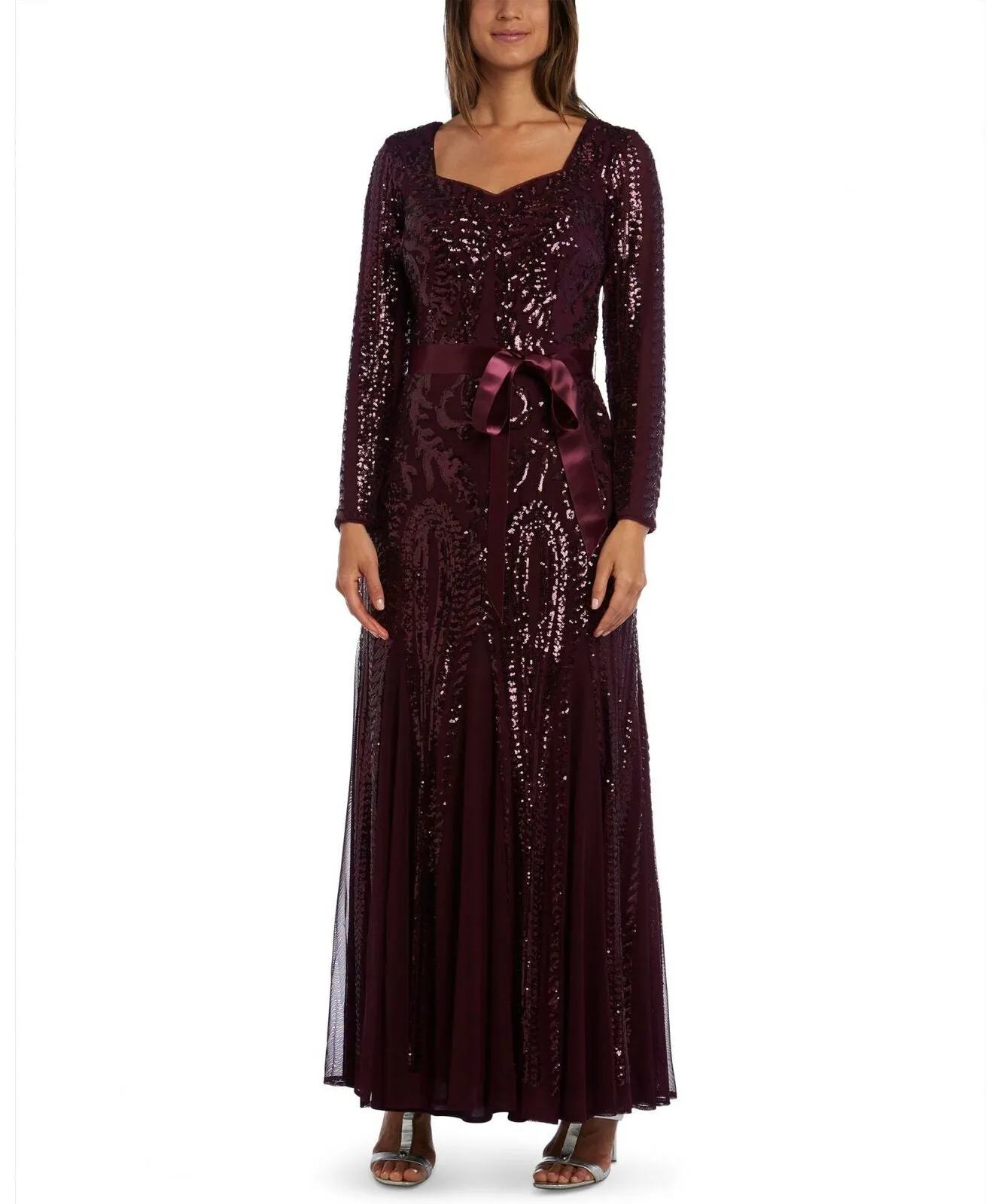 R&M Richards Women's Petite Embellished Godet Gown Burgundy 4 Petite
