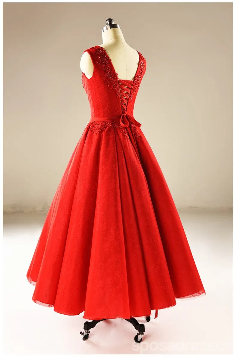 Red A line Tulle Wedding Dresses,  2017 Corset back Tea Length Custom Wedding Gowns, Affordable Bridal Dresses, 18002