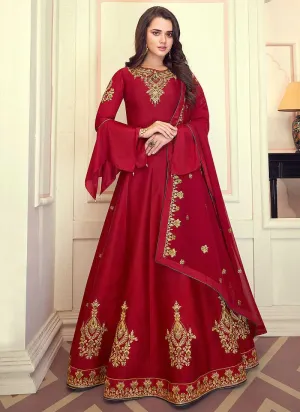 Red Colored Kalidar Embroidered Silk Voluptuous Gown