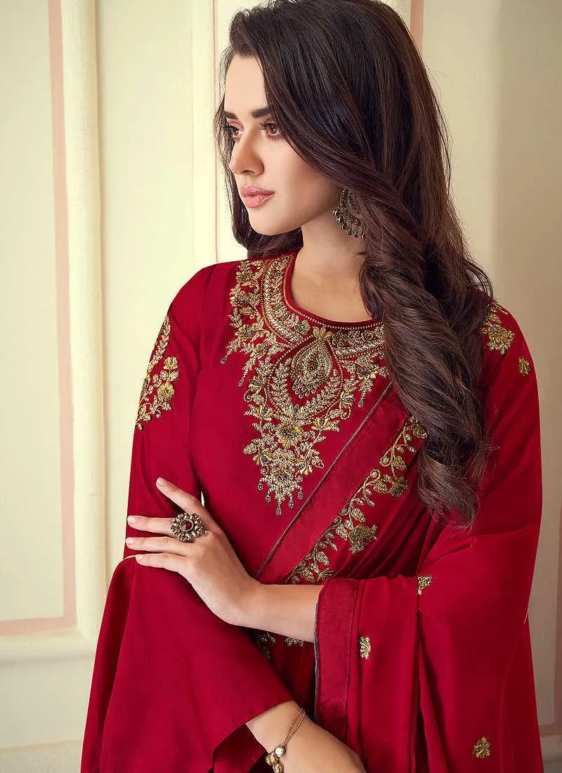Red Colored Kalidar Embroidered Silk Voluptuous Gown