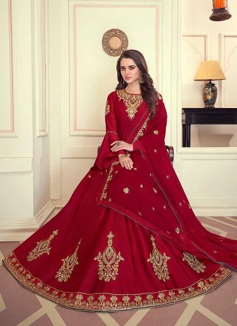 Red Colored Kalidar Embroidered Silk Voluptuous Gown