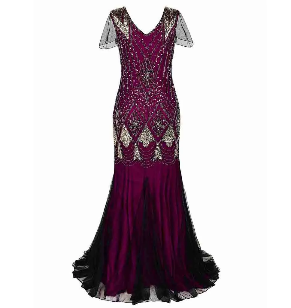 Red Gold Women Evening Dress 1920s Flapper Gatsby Gown