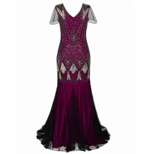 Red Gold Women Evening Dress 1920s Flapper Gatsby Gown