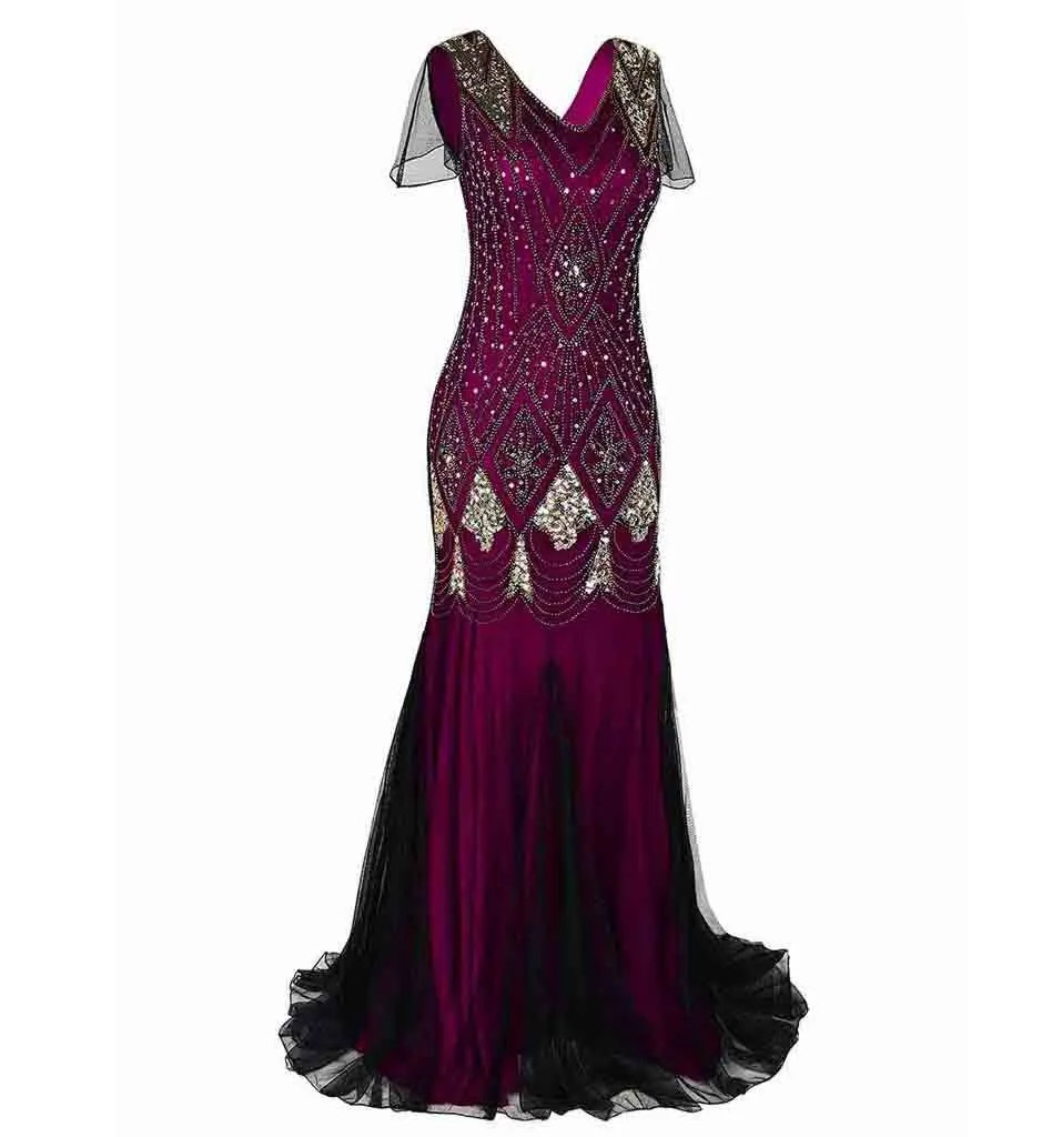 Red Gold Women Evening Dress 1920s Flapper Gatsby Gown
