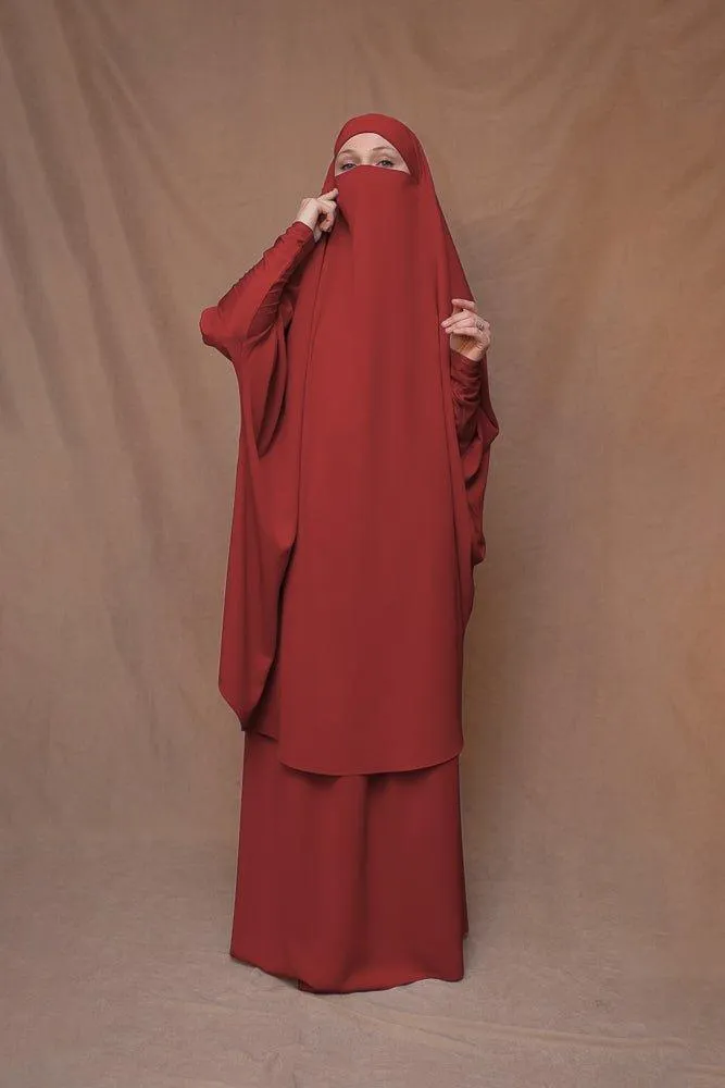 Red Moira prayer Umrah gown with niqab feature