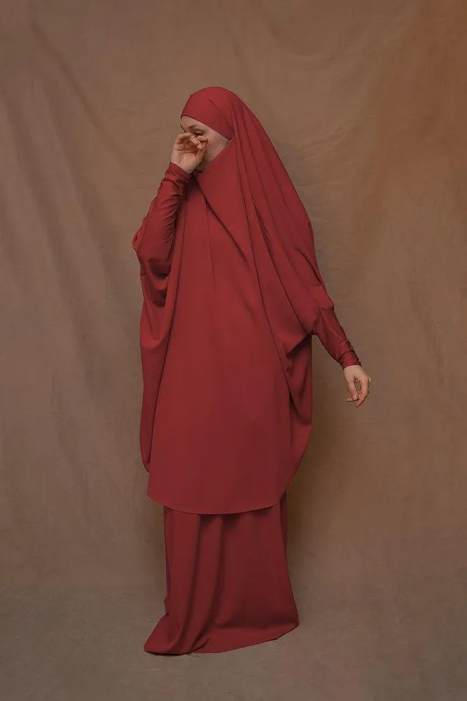 Red Moira prayer Umrah gown with niqab feature
