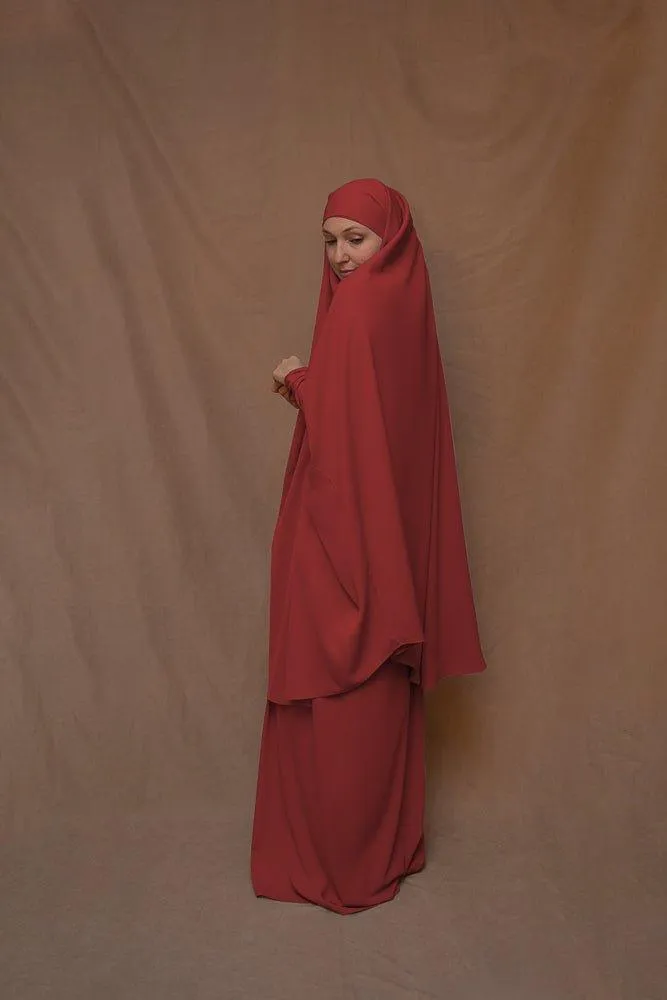 Red Moira prayer Umrah gown with niqab feature