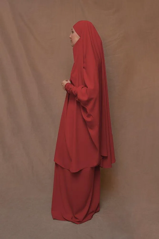 Red Moira prayer Umrah gown with niqab feature