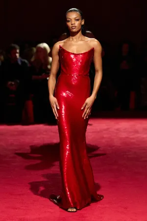 Red Sequin Strapless Corset Gown