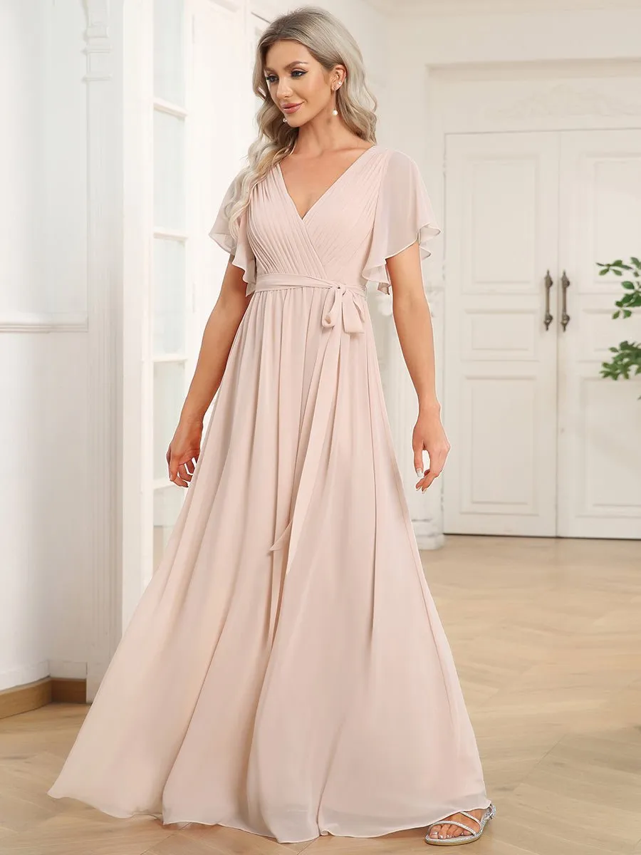 Reena Blush chiffon wedding dress with sleeve and waist tie s16 Express NZ Wide