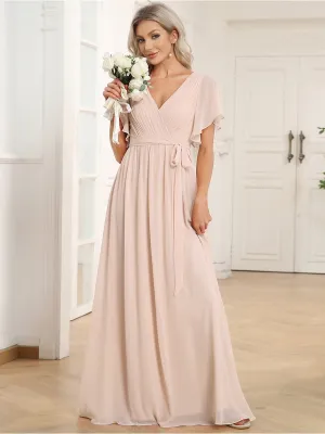 Reena Blush chiffon wedding dress with sleeve and waist tie s16 Express NZ Wide