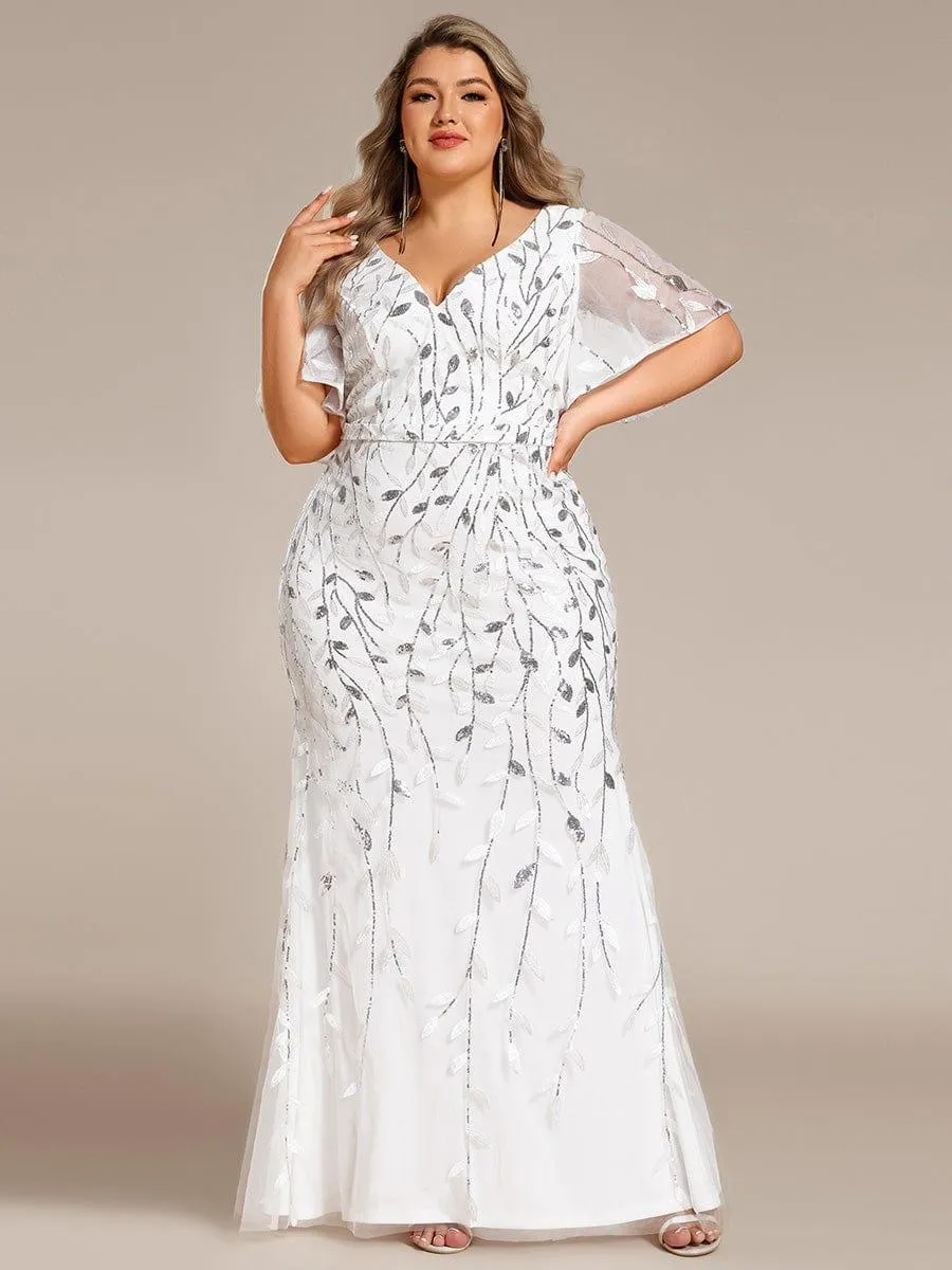 Robe de soirée sirène à paillettes et tulle à col en V grande taille