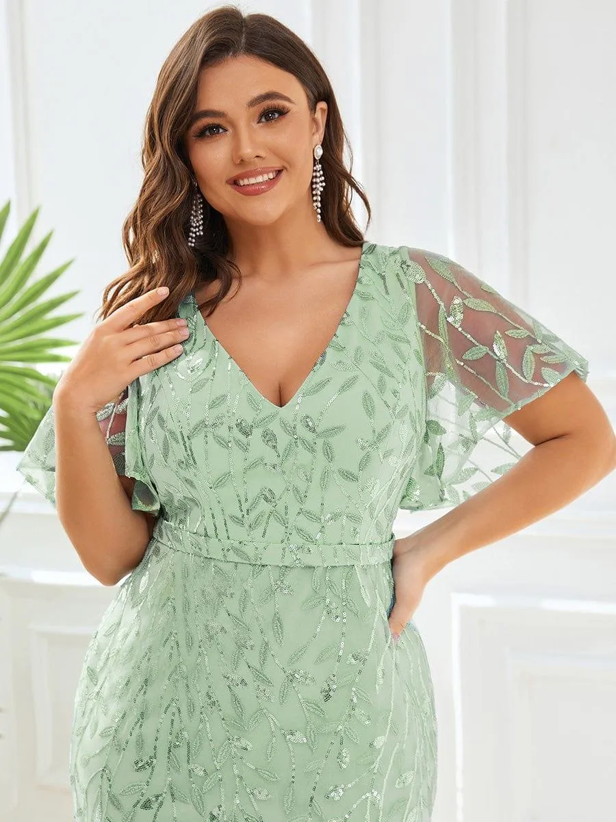Robe de soirée sirène à paillettes et tulle à col en V grande taille