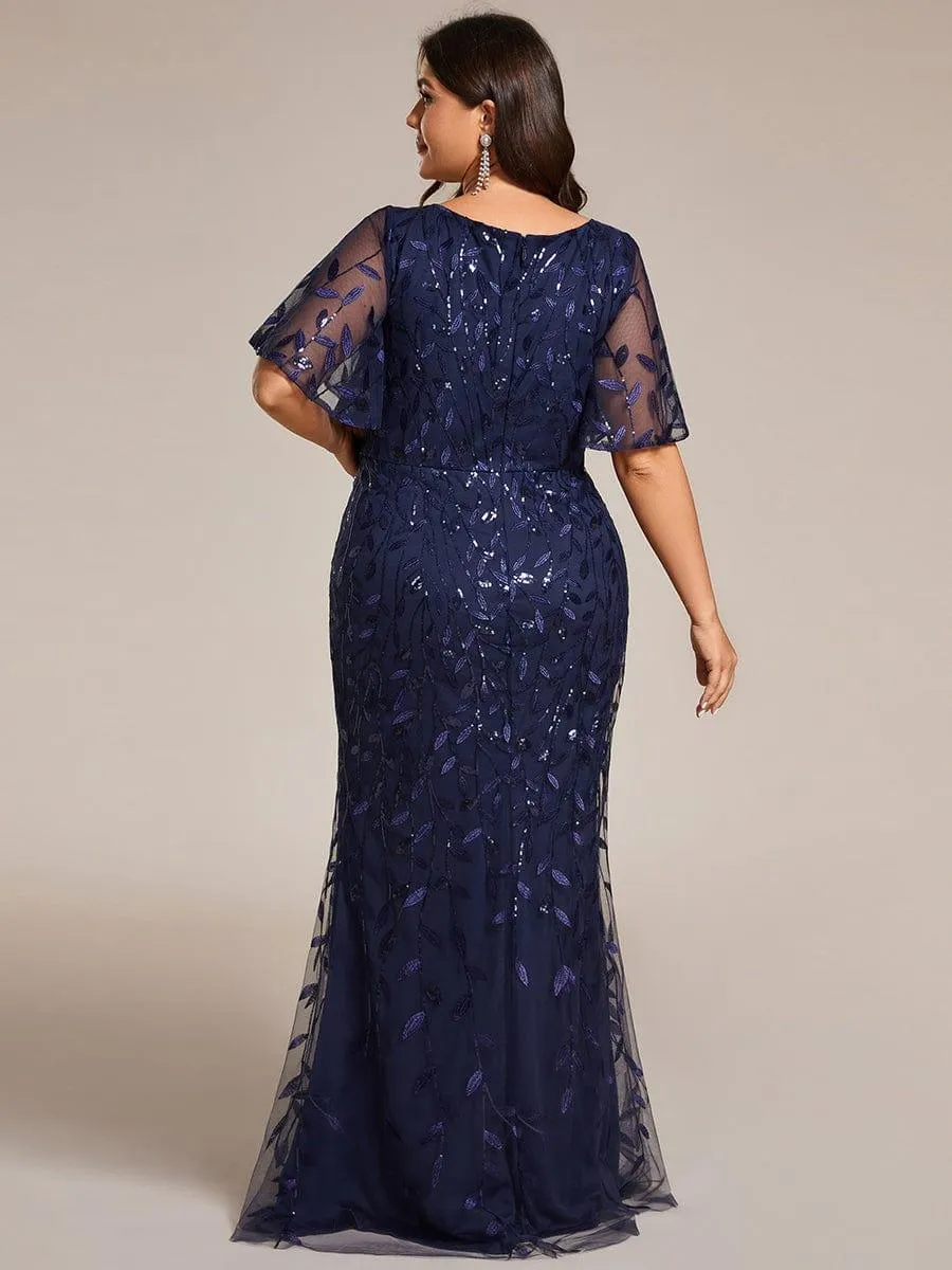 Robe de soirée sirène à paillettes et tulle à col en V grande taille