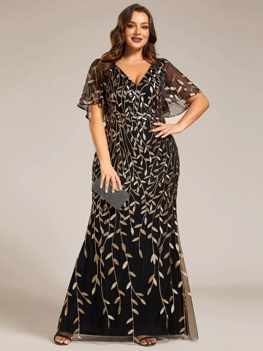 Robe de soirée sirène à paillettes et tulle à col en V grande taille