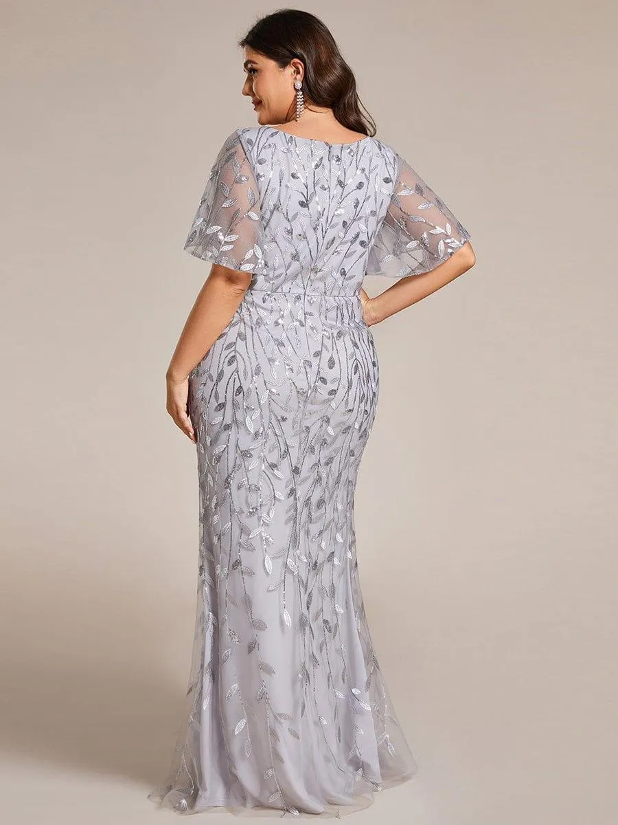 Robe de soirée sirène à paillettes et tulle à col en V grande taille