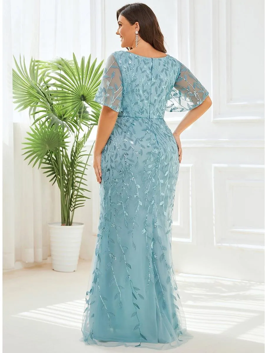 Robe de soirée sirène à paillettes et tulle à col en V grande taille