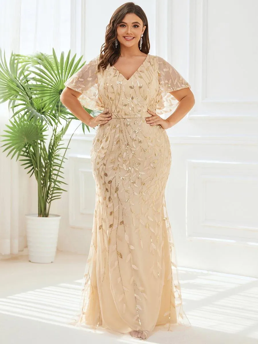 Robe de soirée sirène à paillettes et tulle à col en V grande taille
