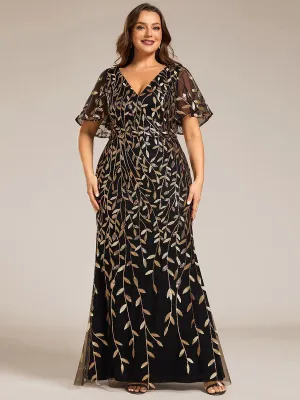 Robe de soirée sirène à paillettes et tulle à col en V grande taille
