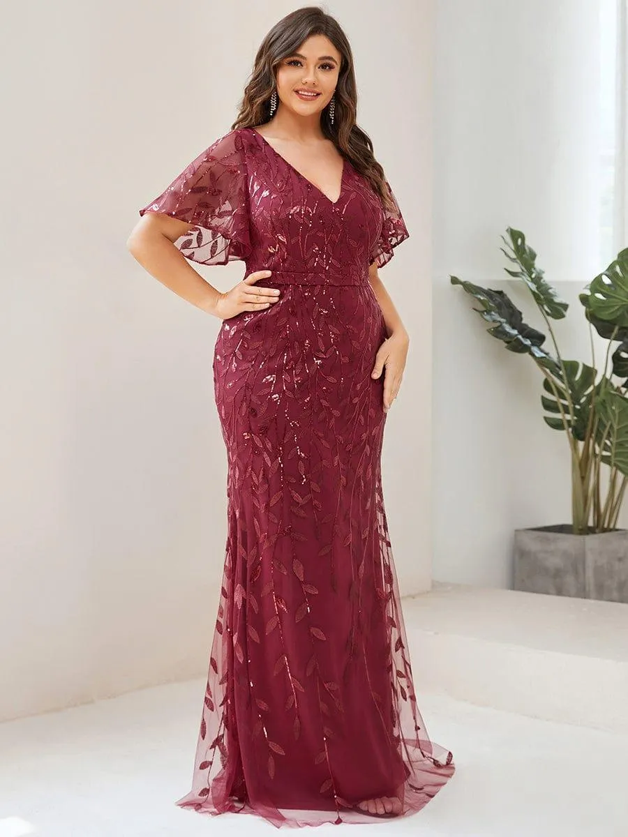 Robe de soirée sirène à paillettes et tulle à col en V grande taille