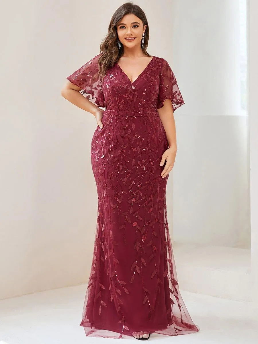 Robe de soirée sirène à paillettes et tulle à col en V grande taille