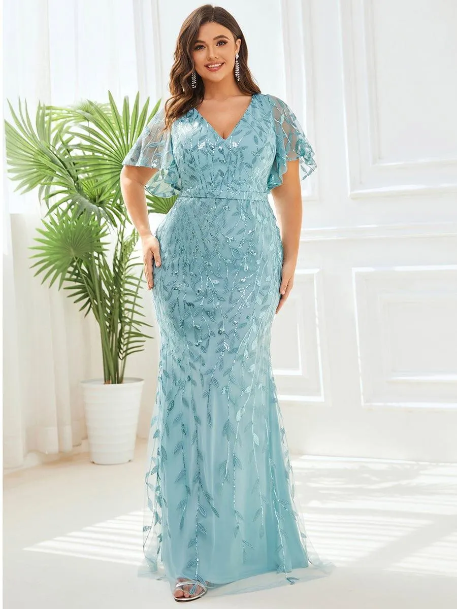 Robe de soirée sirène à paillettes et tulle à col en V grande taille
