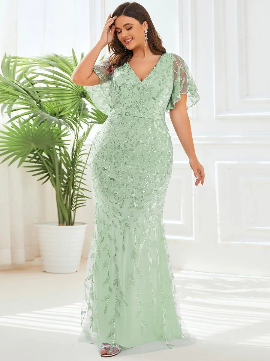 Robe de soirée sirène à paillettes et tulle à col en V grande taille