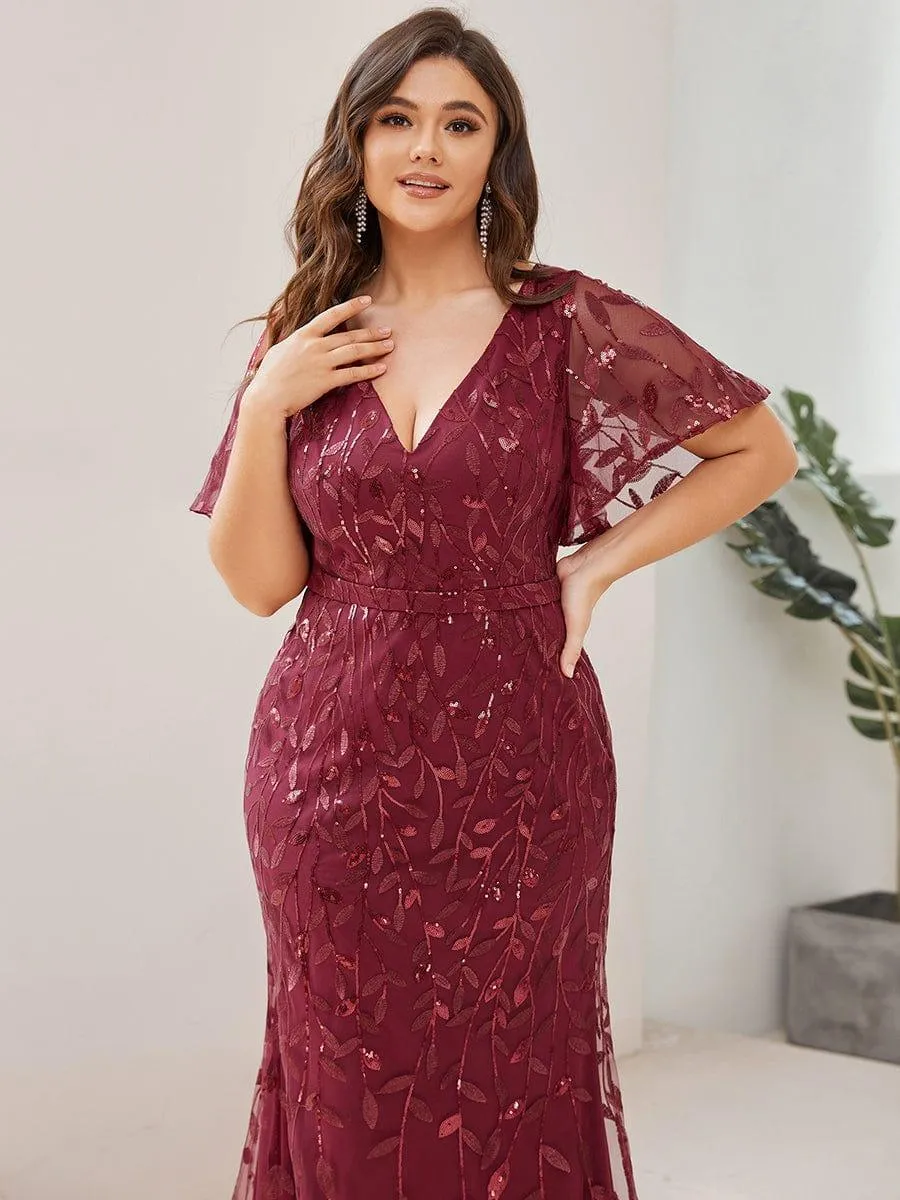 Robe de soirée sirène à paillettes et tulle à col en V grande taille