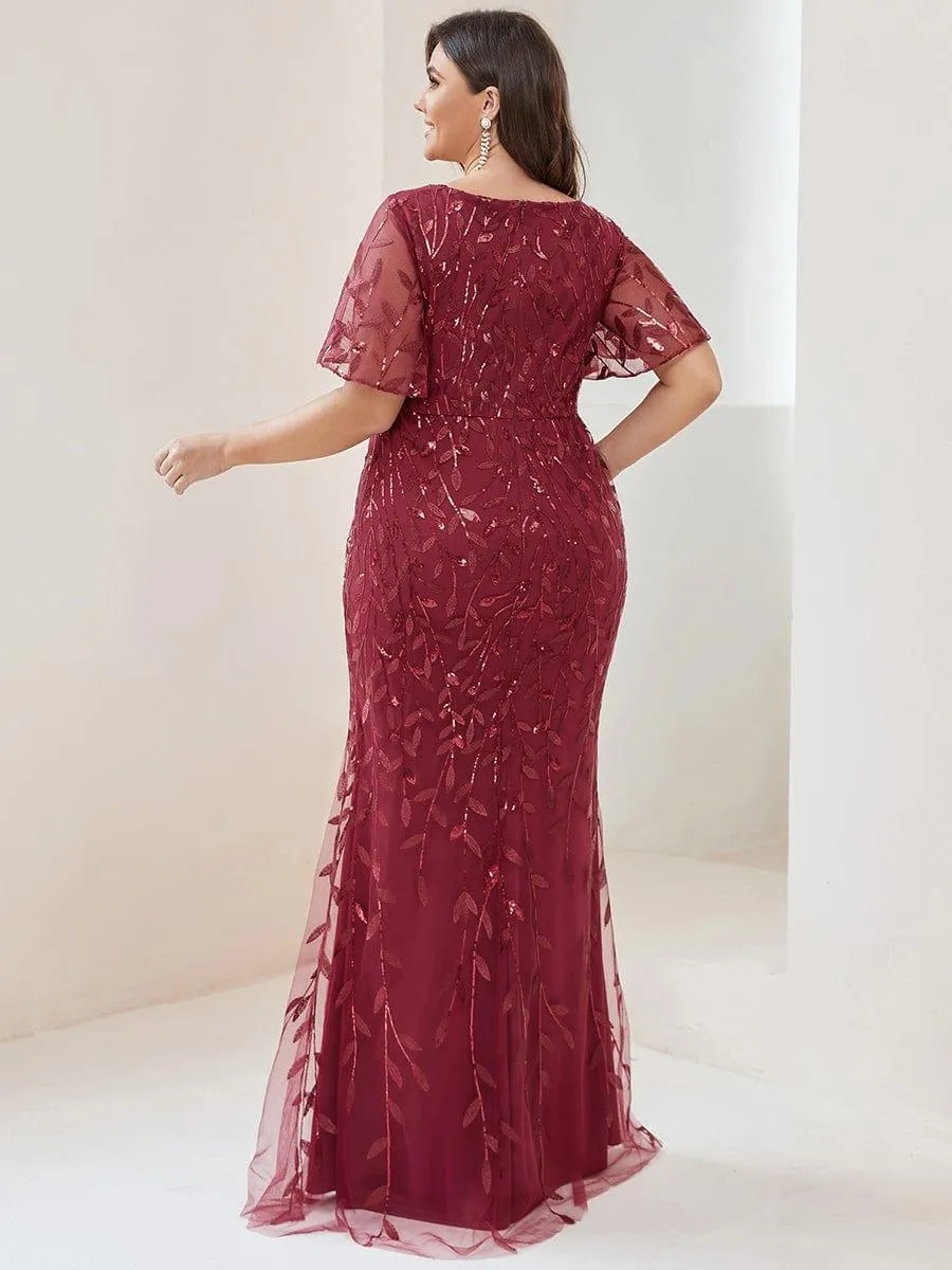 Robe de soirée sirène à paillettes et tulle à col en V grande taille