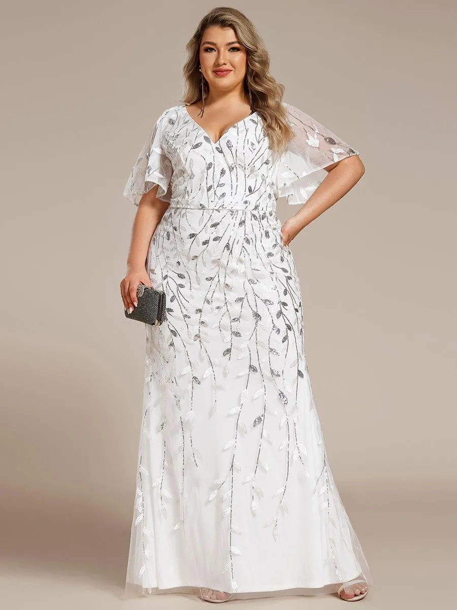 Robe de soirée sirène à paillettes et tulle à col en V grande taille