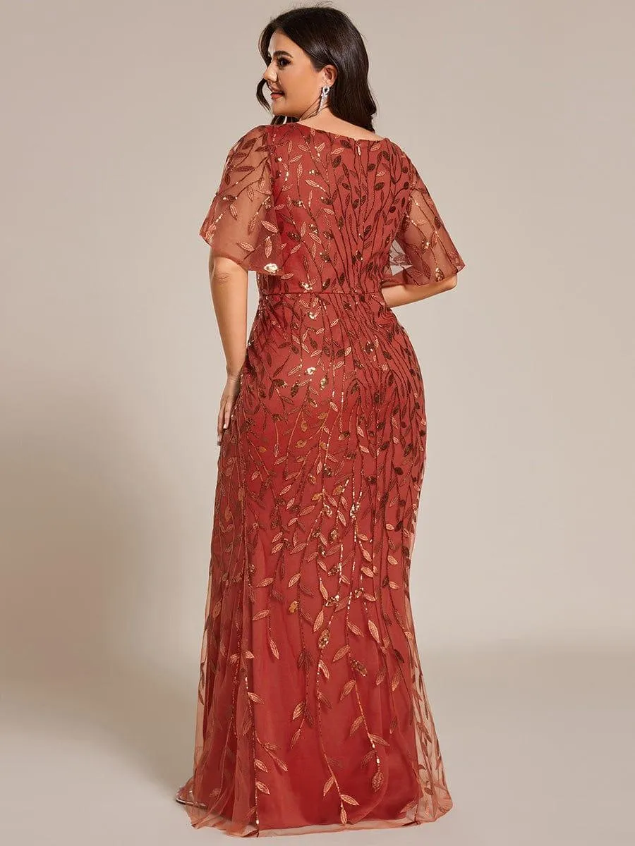 Robe de soirée sirène à paillettes et tulle à col en V grande taille