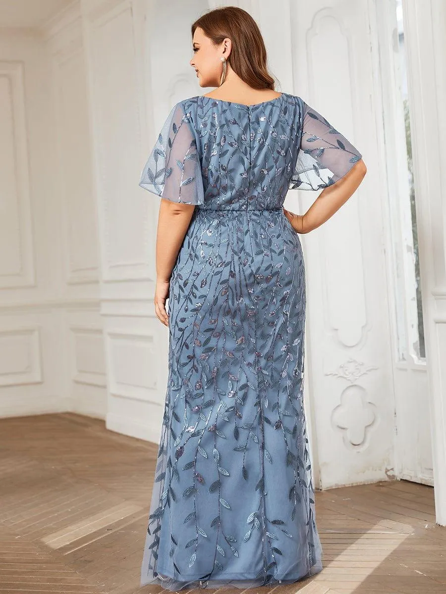 Robe de soirée sirène à paillettes et tulle à col en V grande taille