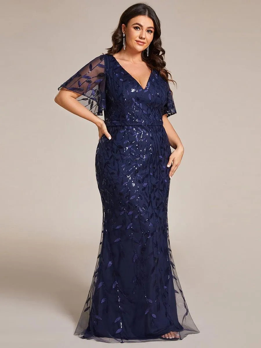 Robe de soirée sirène à paillettes et tulle à col en V grande taille