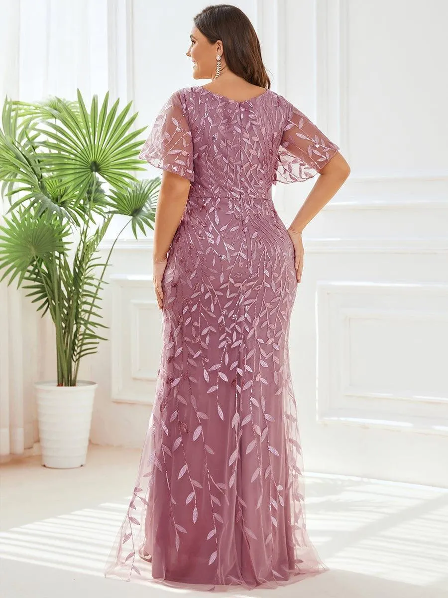 Robe de soirée sirène à paillettes et tulle à col en V grande taille