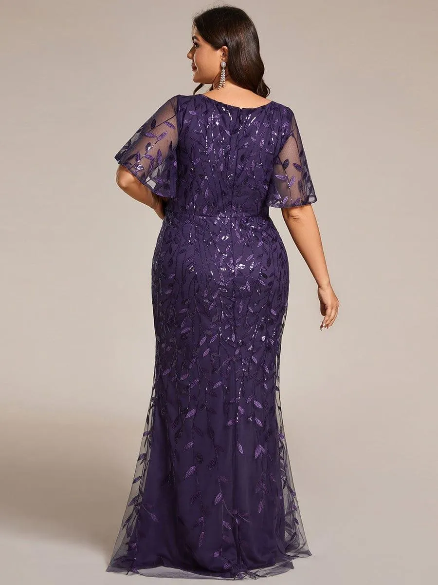 Robe de soirée sirène à paillettes et tulle à col en V grande taille