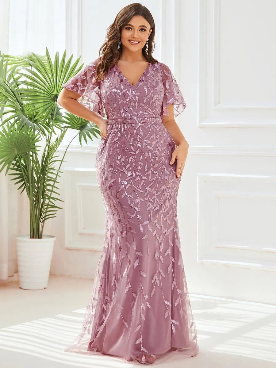 Robe de soirée sirène à paillettes et tulle à col en V grande taille