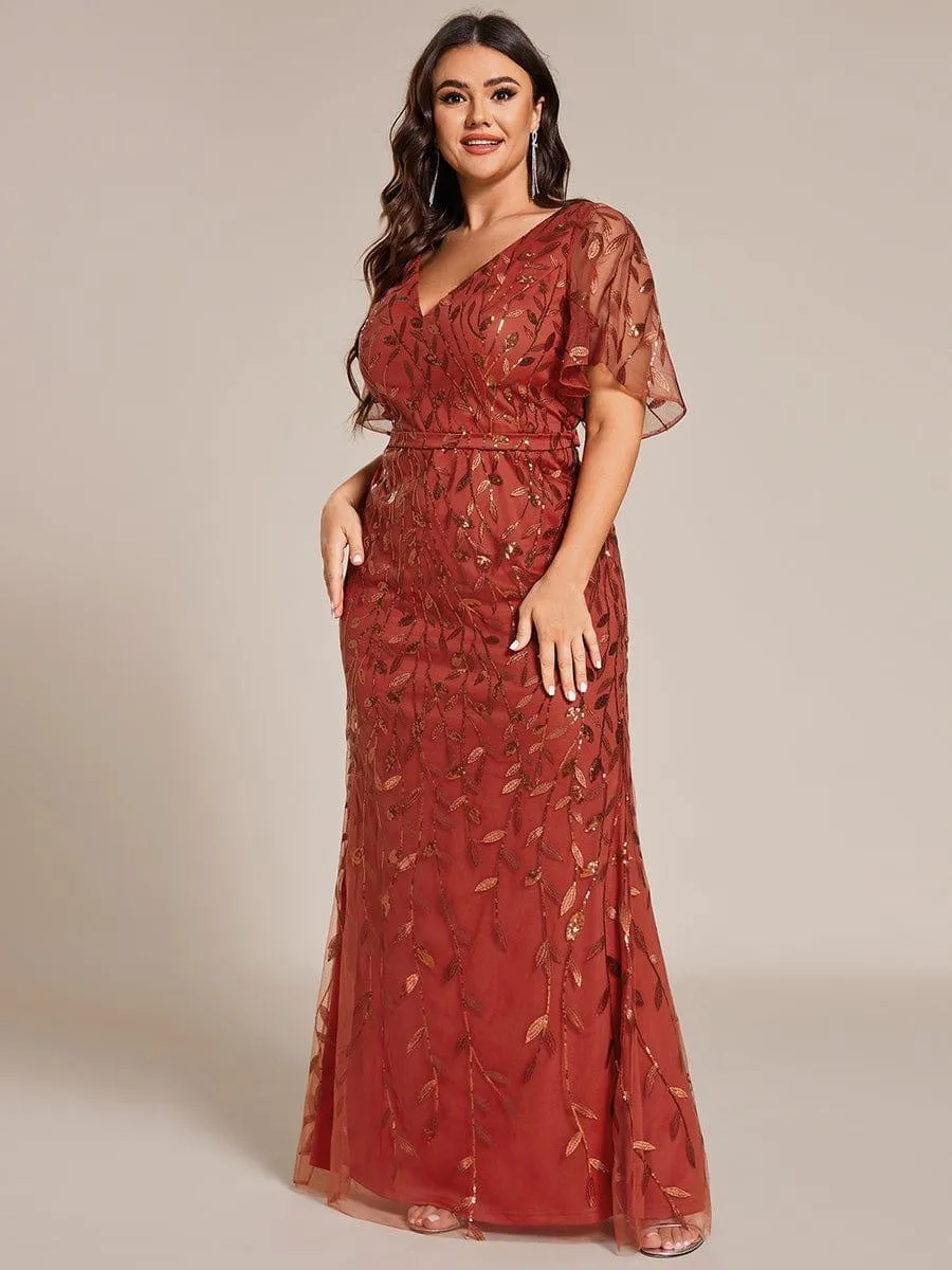 Robe de soirée sirène à paillettes et tulle à col en V grande taille