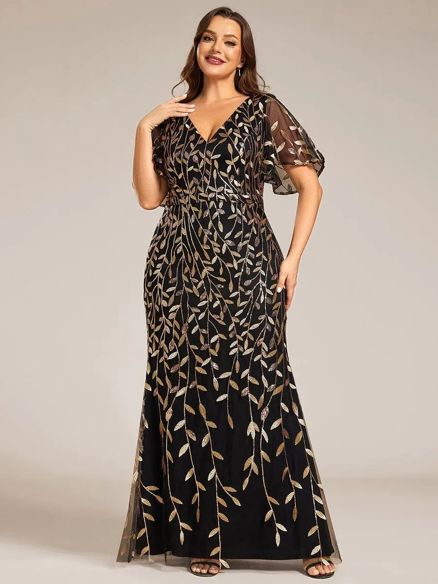 Robe de soirée sirène à paillettes et tulle à col en V grande taille
