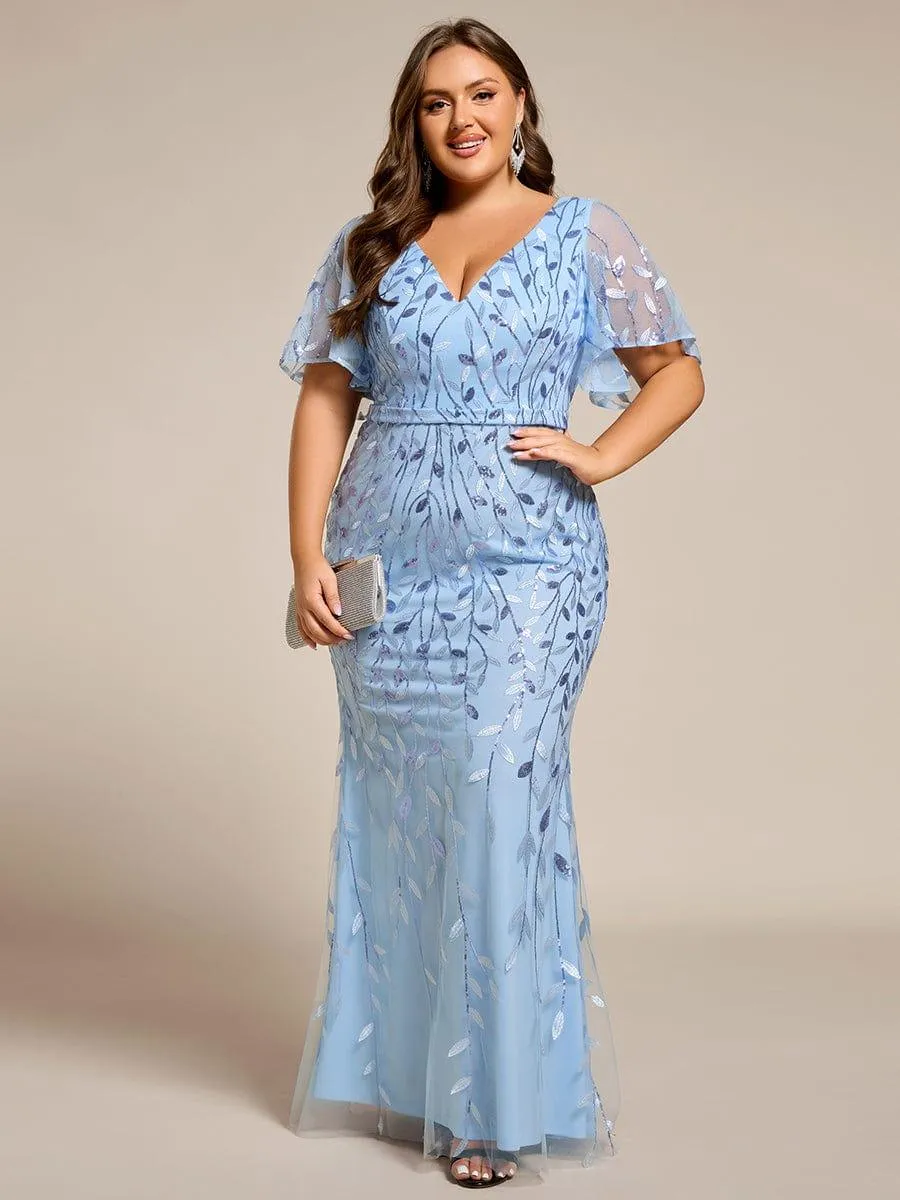 Robe de soirée sirène à paillettes et tulle à col en V grande taille