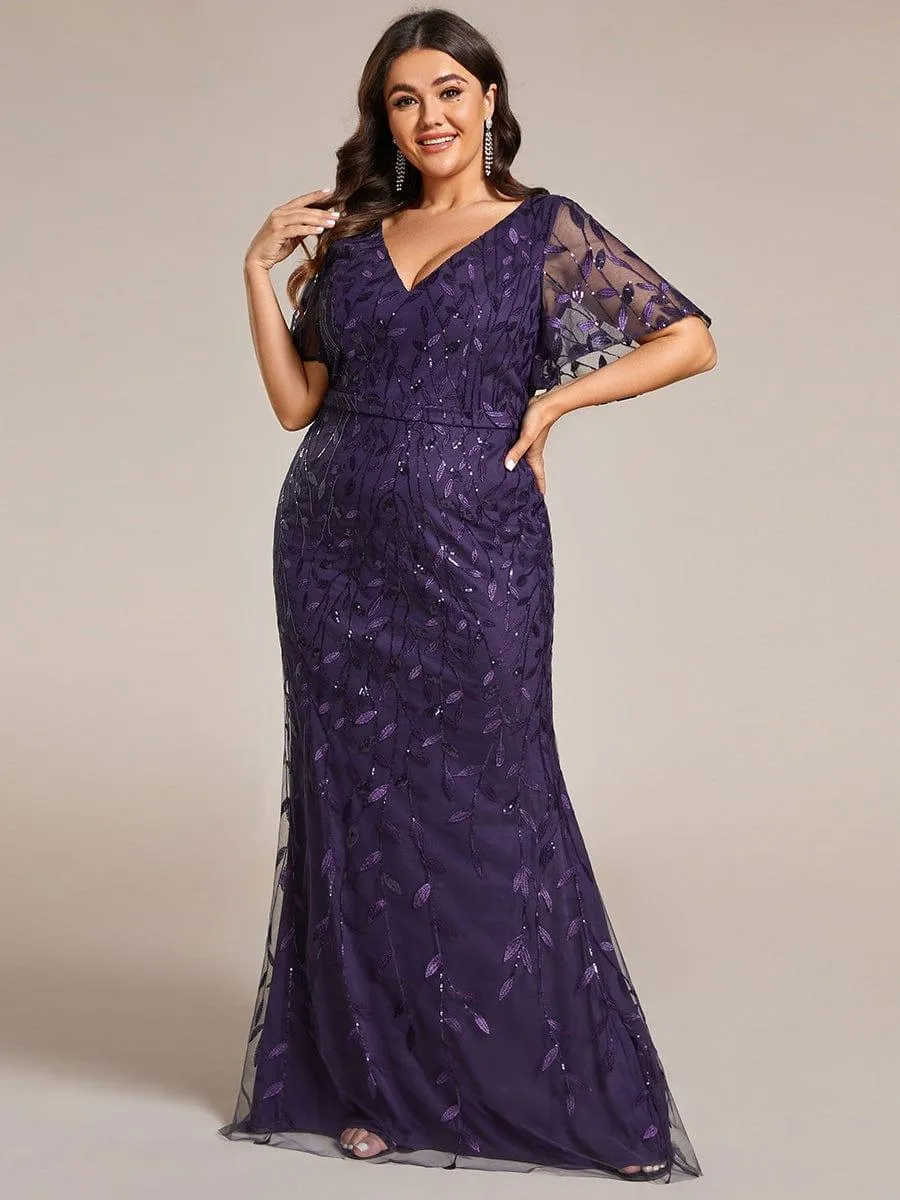 Robe de soirée sirène à paillettes et tulle à col en V grande taille