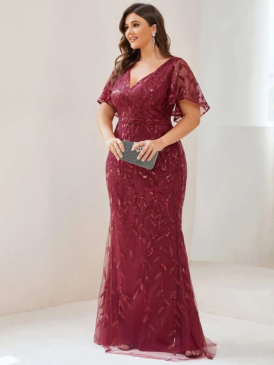 Robe de soirée sirène à paillettes et tulle à col en V grande taille