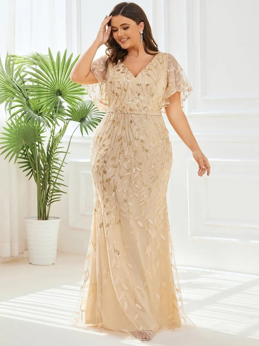 Robe de soirée sirène à paillettes et tulle à col en V grande taille