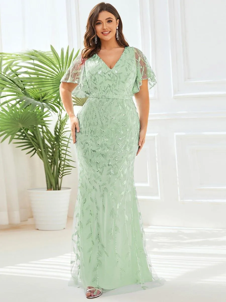 Robe de soirée sirène à paillettes et tulle à col en V grande taille