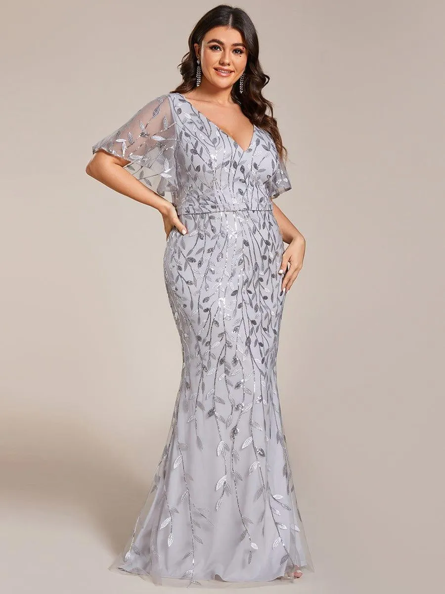 Robe de soirée sirène à paillettes et tulle à col en V grande taille