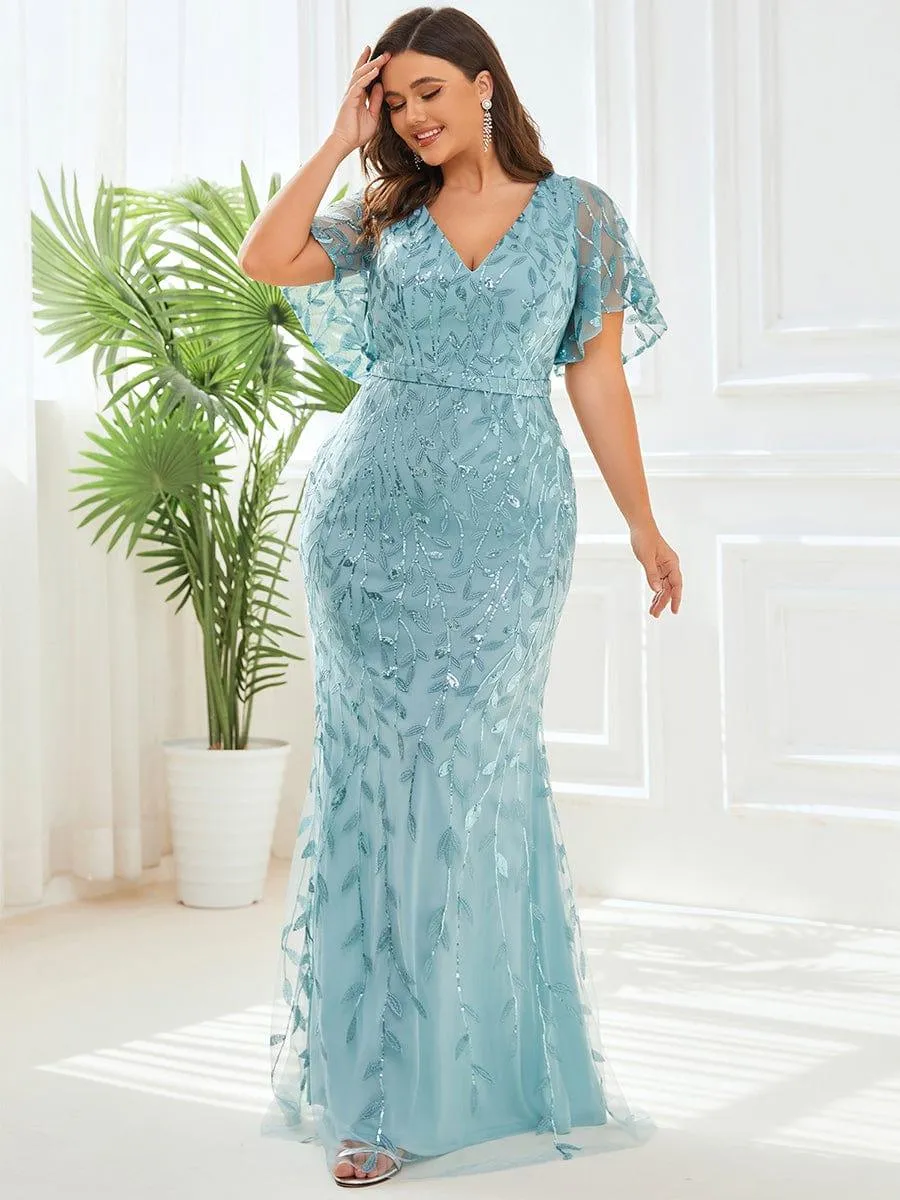 Robe de soirée sirène à paillettes et tulle à col en V grande taille