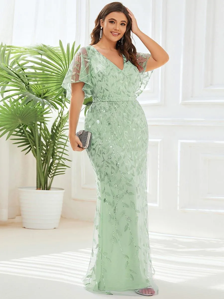 Robe de soirée sirène à paillettes et tulle à col en V grande taille