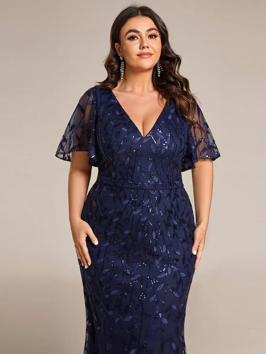 Robe de soirée sirène à paillettes et tulle à col en V grande taille