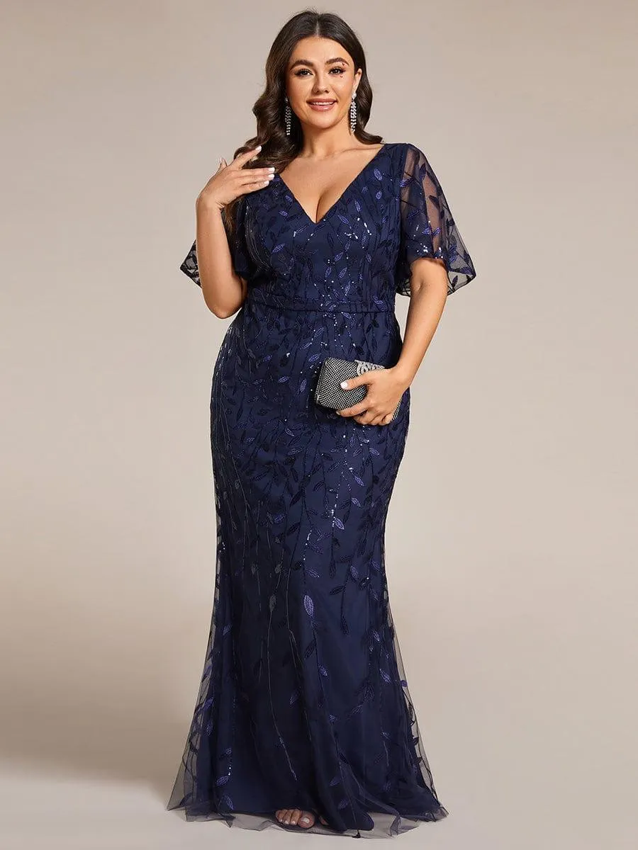 Robe de soirée sirène à paillettes et tulle à col en V grande taille